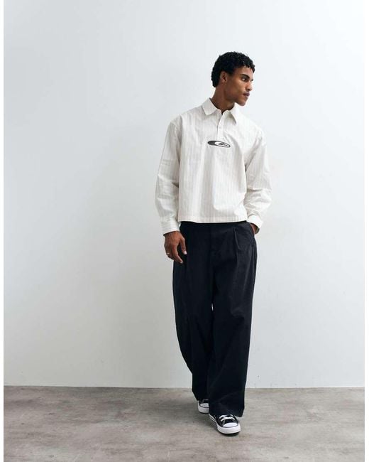 ASOS White Boxy Oversized Poplin Stripe Polo Shirt With Embroidery for men