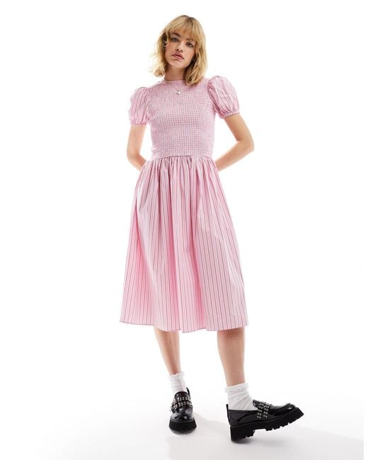 Glamorous Pink Drop Waist Shirred Midi Dress