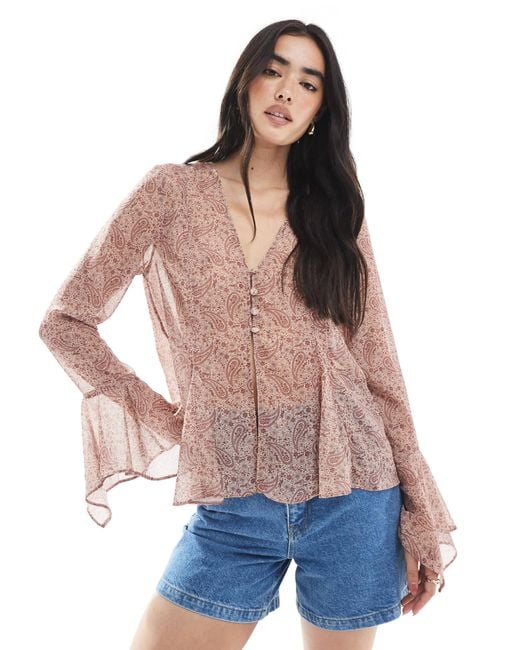 Miss Selfridge Multicolor – bluse aus chiffon mit paisleymuster, ausgestellten ärmeln und knopfleiste
