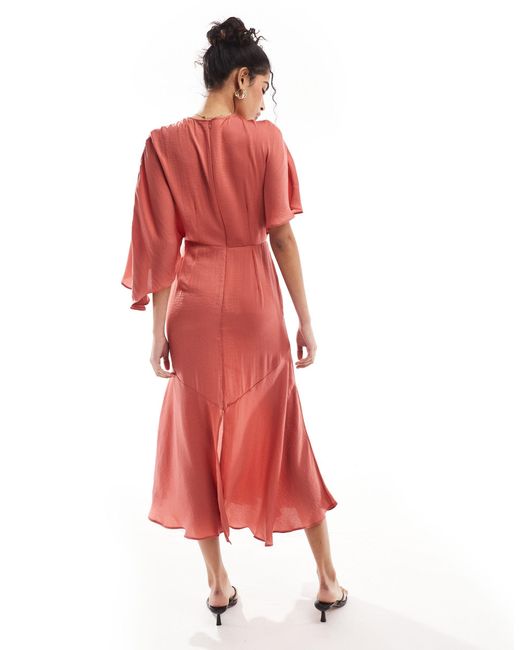 ASOS Red Satin Flutter Sleeve Asymmetric Hem Midi Dress