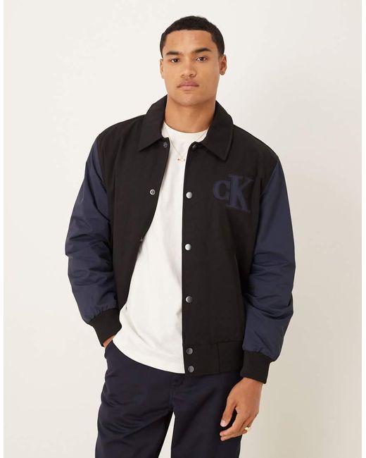 Calvin Klein Black Cotton Varsity Bomber Jacket for men