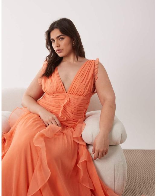 ASOS Orange Curve Ruched Maxi Dress With Waterfall Detail