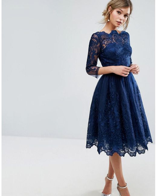 Chi Chi London Blue Premium Lace Midi Dress With 3/4 Length Sleeve