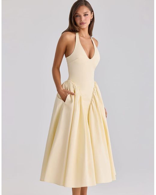 House Of Cb Natural Marilyn Lemon Cotton Halter Neck Midi Sundress