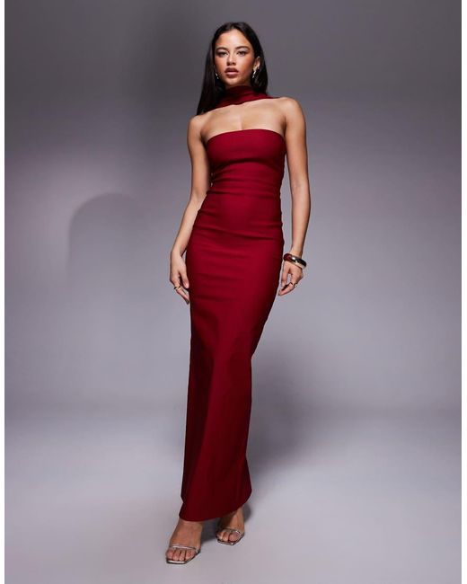Vesper Red Bengaline Bandeau Choker Detail Back Button Detail Maxi Dress