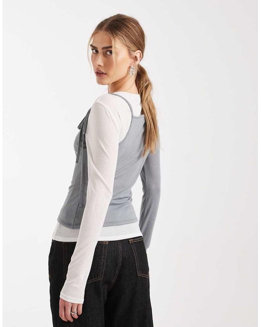 ASOS Gray Ribbed Long Sleeve Double Layer Top With Tie Details