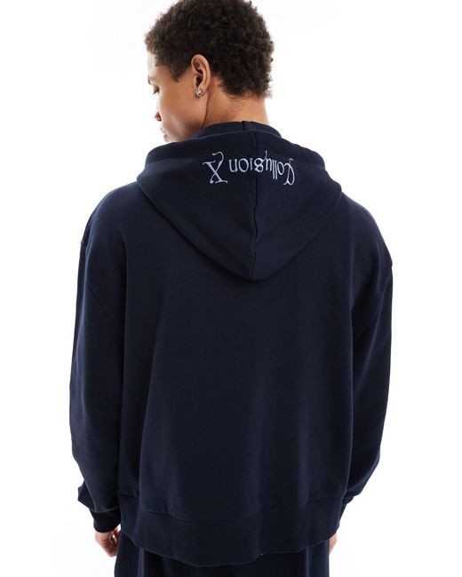 Collusion Blue Embroidered Zip Through Hoodie Co-ord for men