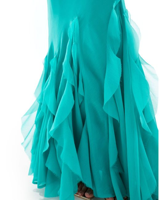 ASOS Blue Asos Design Petite Ruffle Halter Bias Maxi Dress With Ruffle Hem