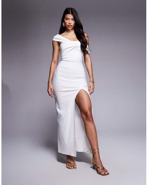 Vesper White Bengaline One Shoulder Twist Front Side Split Maxi Dress