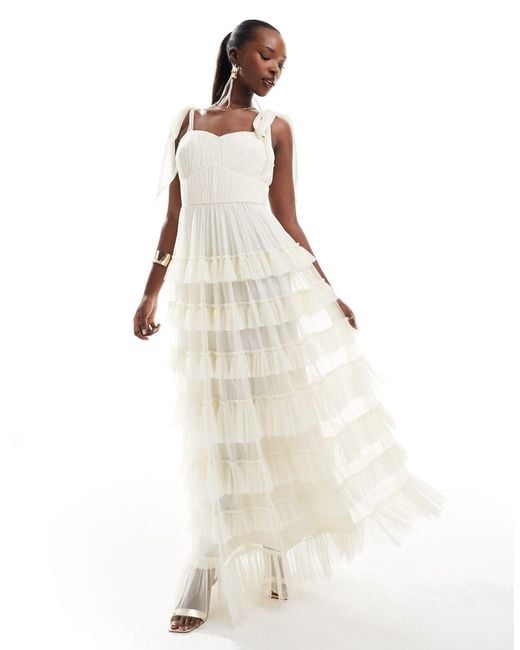 LACE & BEADS White Bow Ruffle Midaxi Dress