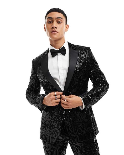 ASOS Black Paisley Sequin Skinny Tuxedo Jacket for men