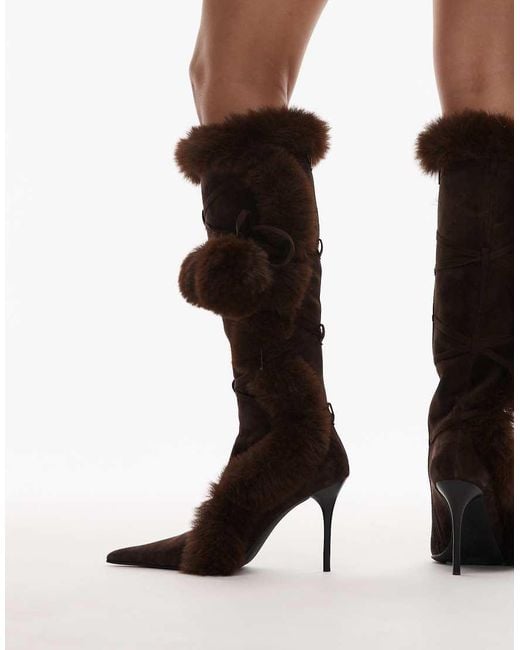 Jeffrey Campbell Natural Pointed Toe Stiletto Knee-high Boot With Faux-fur