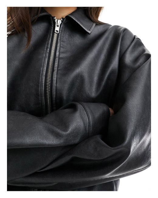 Miss Selfridge Black Washed Faux Leather Oversized Bomber Jacket