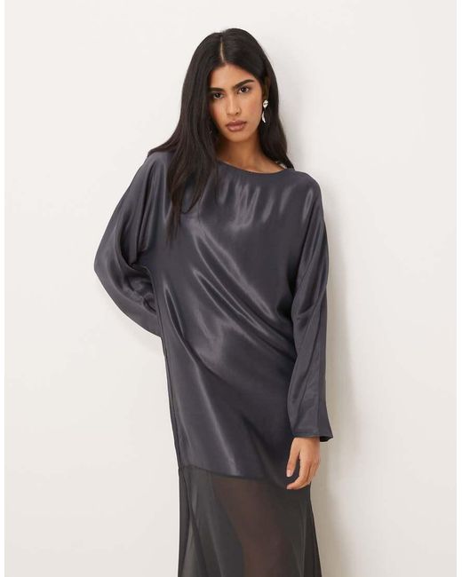 ASOS Natural Slash Neck Satin Maxi Dress With Batwing And Chiffon Skirt
