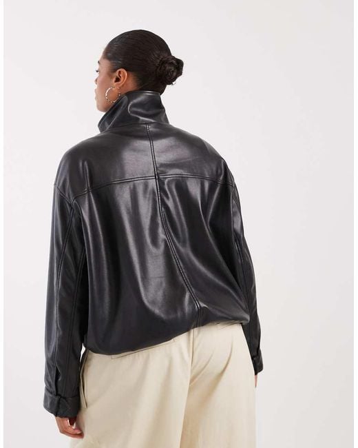 ASOS Black Asos Design Curve Clean Leather Look Funnel Track Bomber Jacket