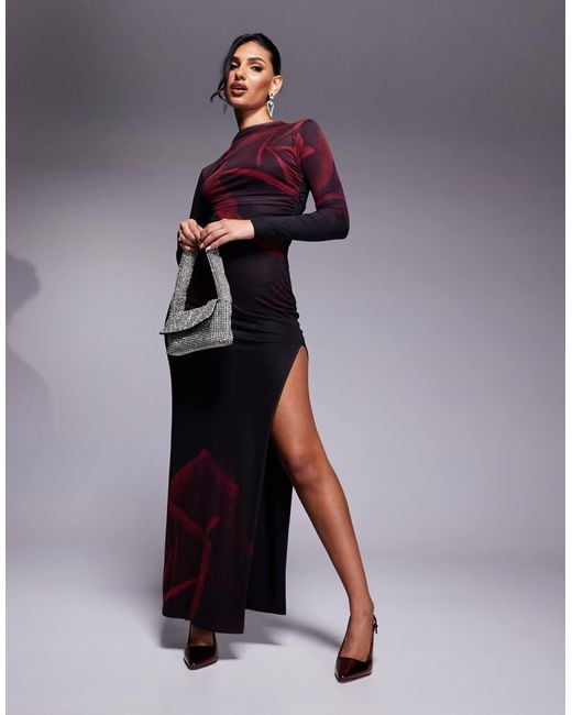 Kaiia Purple Exclusive X Sasha Corte Exclusive High Neck Thigh Split Slinky Mesh Maxi Dress