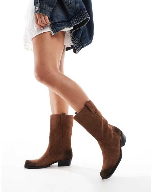 Pull&Bear Brown Suede Mid Calf Boots