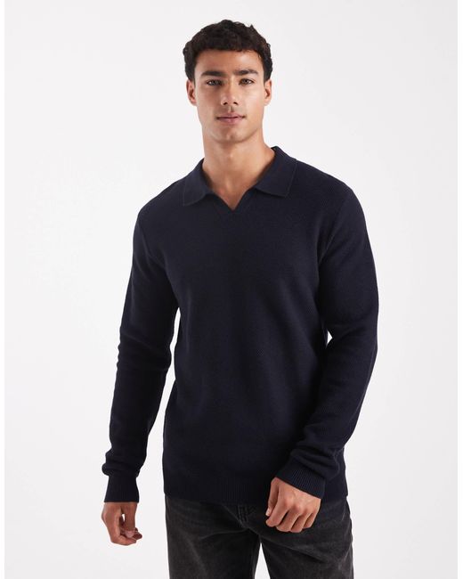 Jack & Jones Blue Premium Knitted Long Sleeve Polo for men