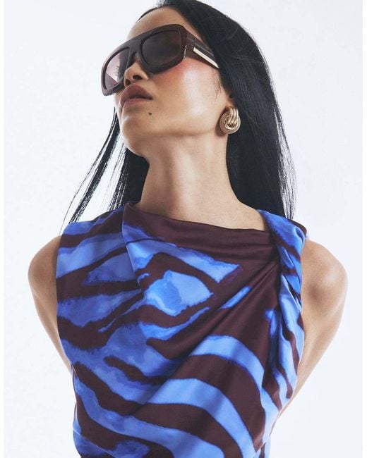 River Island Blue Satin Zebra Print Midi Dress