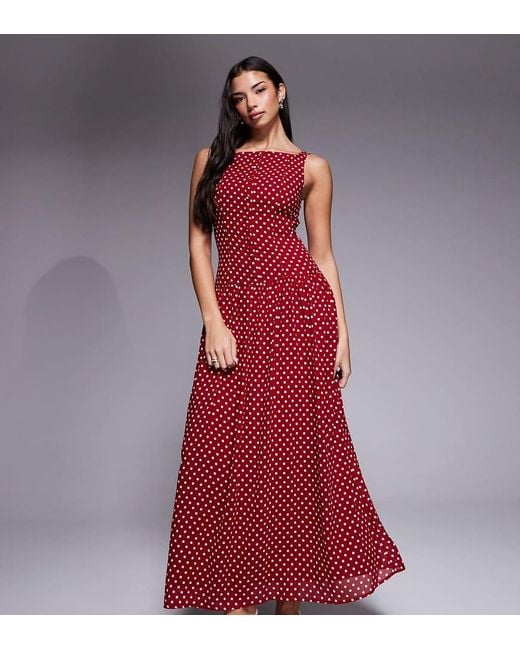 Kaiia Red Exclusive High Square Neck Button Up Dropped Waist Maxi Dress