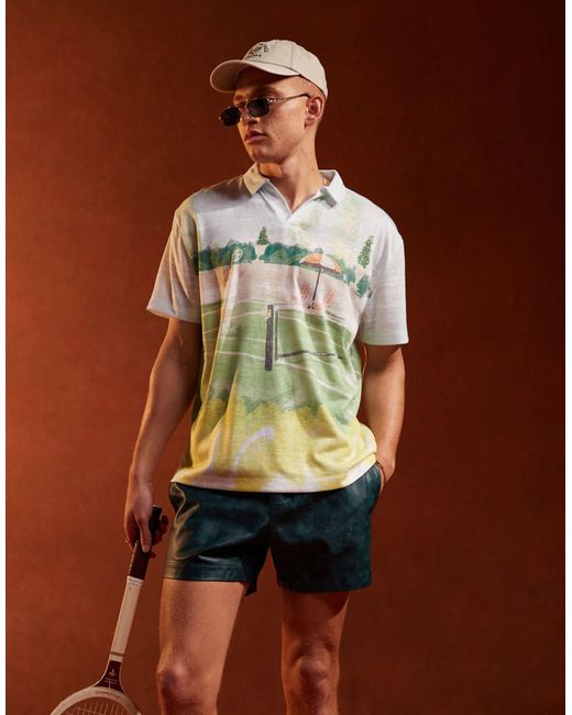 ASOS – locker geschnittenes polohemd mit all-over-tennis-print in Brown für Herren