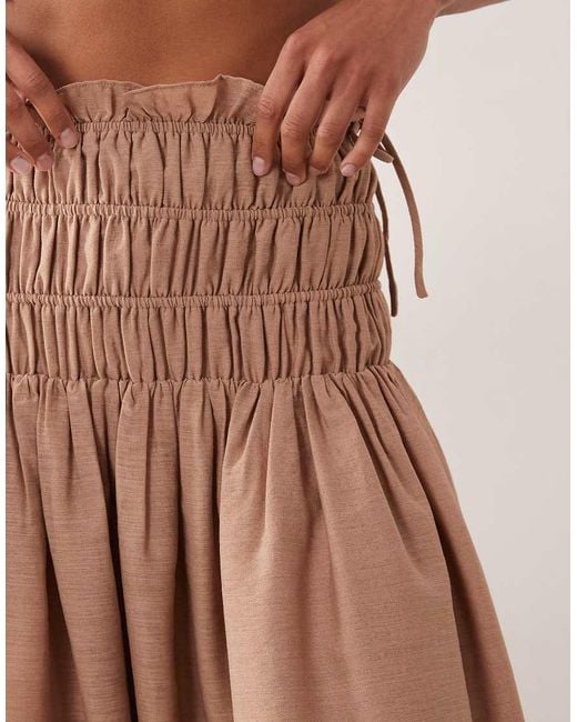 Wanderdoll Brown Soulie Linen Look Shirred Dropped Waist Tie Detail Maxi Skirt