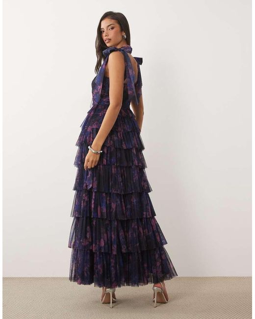 LACE & BEADS Blue Bridesmaid Bow Shoulder Tulle Maxi Dress