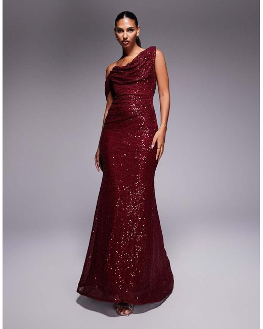 Goddiva Purple Sequin Cowl One Shoulder Maxi Dress