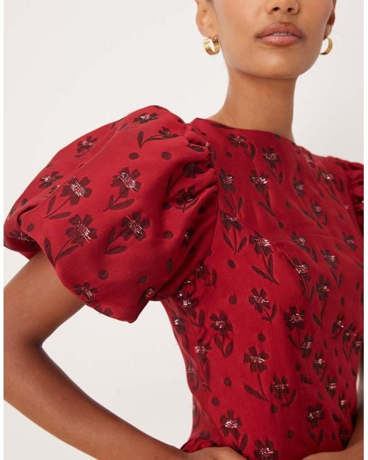 Sister Jane Red Floral Jacquard Puff Sleeve Mini Dress
