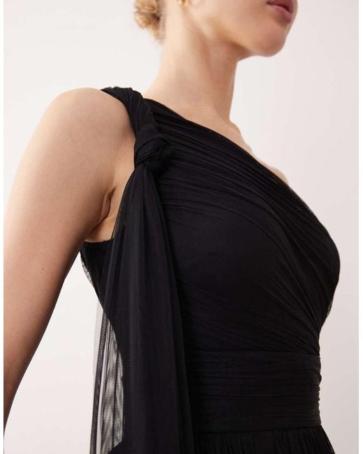 LACE & BEADS Black Bridesmaid One Shoulder Scarf Neck Maxi Dress