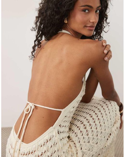Miss Selfridge Natural Halter Crochet Maxi Dress