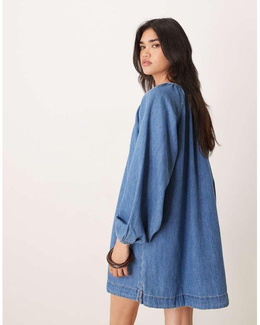 Vestido Vaquero Corto Vintage Con Mangas Globo De ASOS de color Blue
