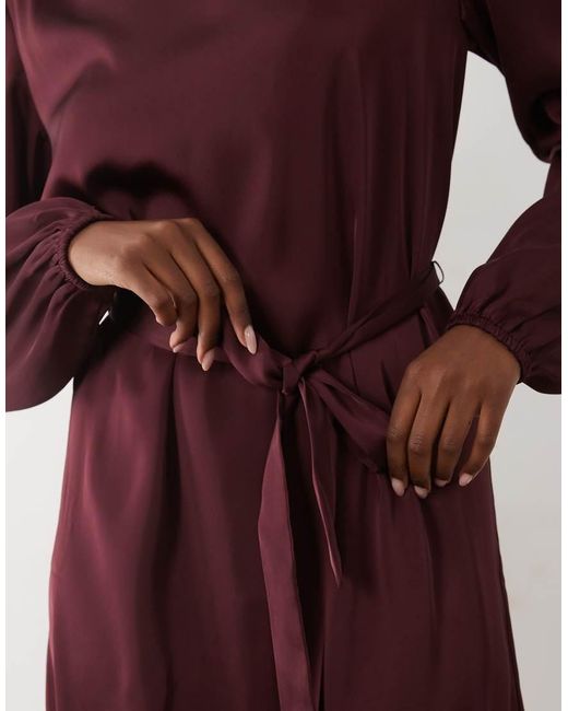 Vila Red Tie Waist Long Sleeve Satin Mini Dress