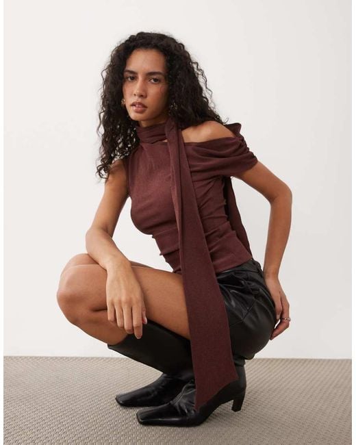 ASOS Brown Textured Scarf Neck Fallen Shoulder Top