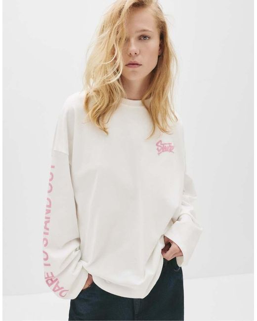 Maglietta Bianca A Maniche Lunghe Con Stampa Stwd di Pull&Bear in White