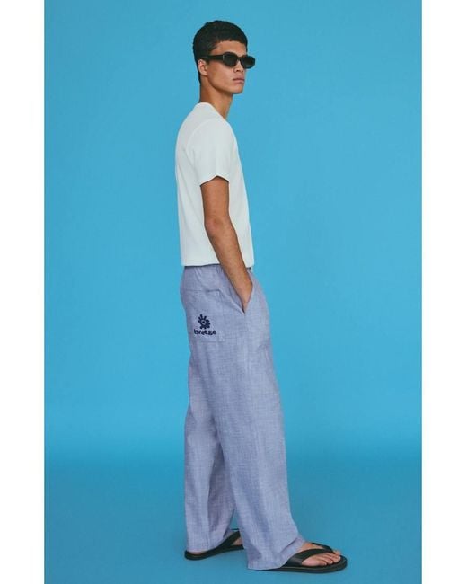 Bershka Blue Embroidered baggy Trousers for men