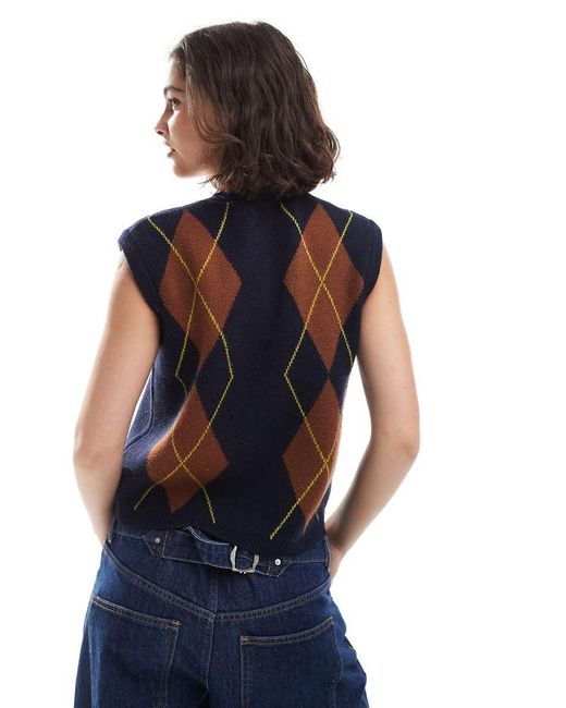 ASOS Blue Boxy Structured Argyle Waistcoat
