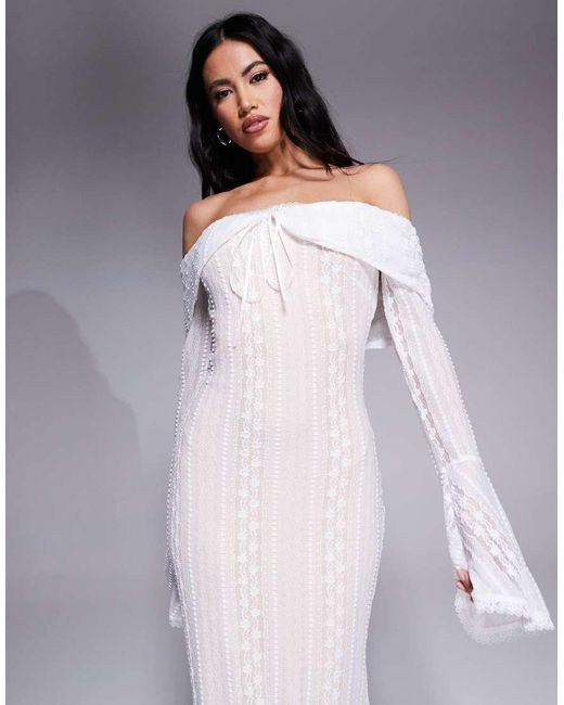 Aria Cove Ajourgebreide Maxi Bardotjurk Met Uitlopende Mouwen in het Purple