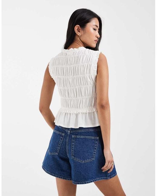 ONLY White Linen Blend Tie Front Ruched Top