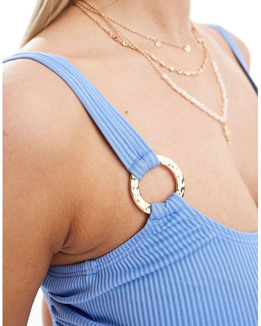 Ivory Rose Blue Fuller Bust Ribbed Ring Front Swimsuit