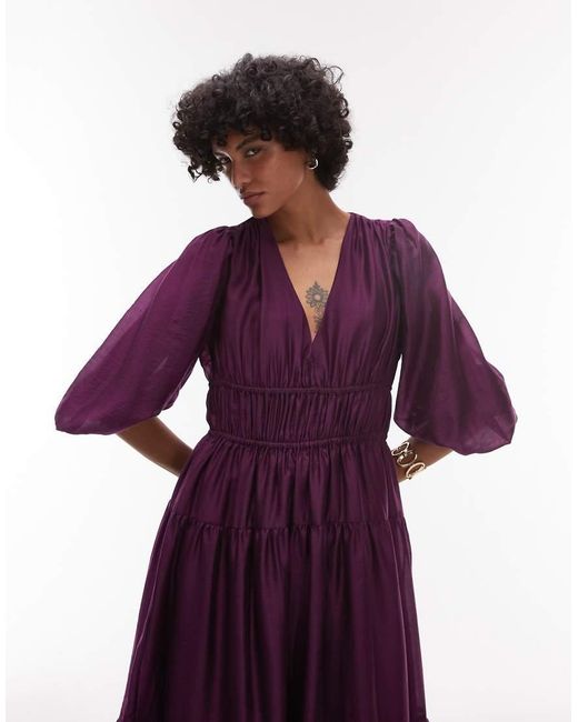 & Other Stories Purple Midaxi Dress With Volume Sleeves And Shirred Bodice