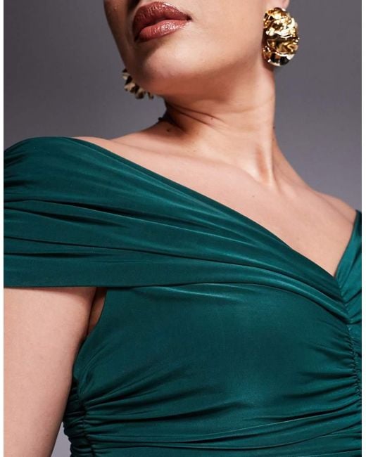 Goddiva Green Curve Gathered Bardot Bodice Front Split Maxi Dress