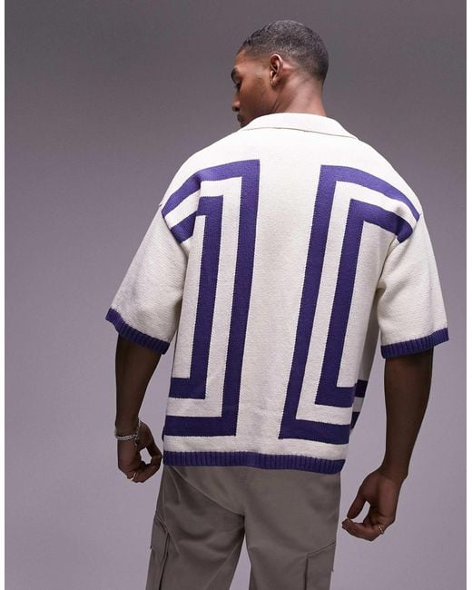 TOPMAN Knitted Crochet Vertical Stripe Button Through Shirt in