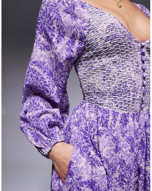 River Island Purple Longsleeve V Neck Printed Maxi Dress