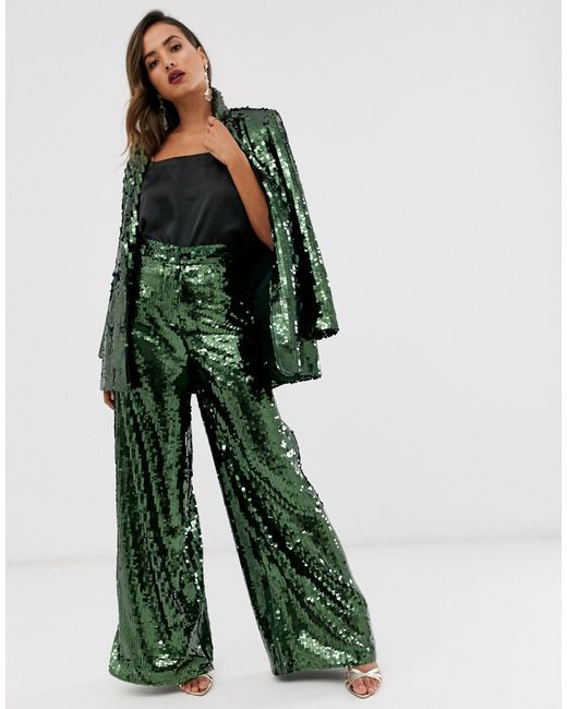ASOS Green Sequin Wide Leg Flare Pant