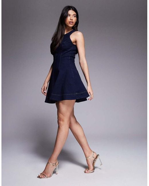 Bardot Blue Palmer Denim Racer Neck Seam Detail Fit And Flare Full Skirt Mini Dress