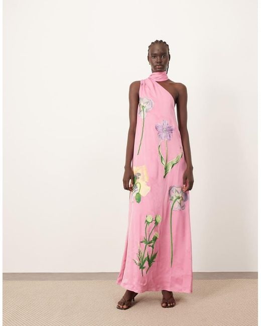 ARRANGE Pink Botanical Floral Embroidered One Shoulder Maxi Dress