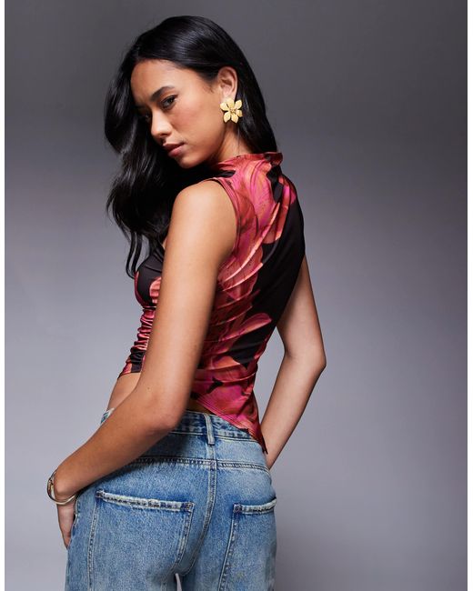 Top d'ensemble froncé près du corps à ourlet asymétrique et col montant - imprimé fleurs ASOS en coloris Blue