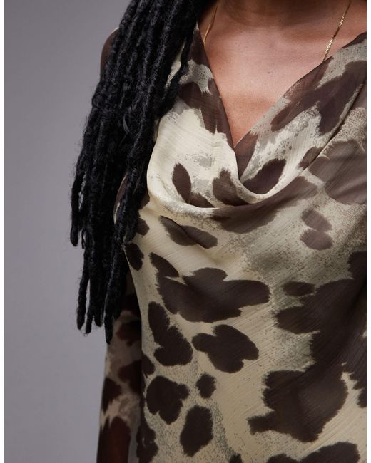 TOPSHOP Brown – langärmliges mini-freizeitkleid mit verschwommenem animalprint und wasserfallausschnitt