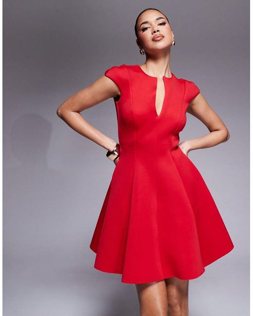 Goddiva Red Cap Sleeve Plunging V Neckline Skater Mini Dress